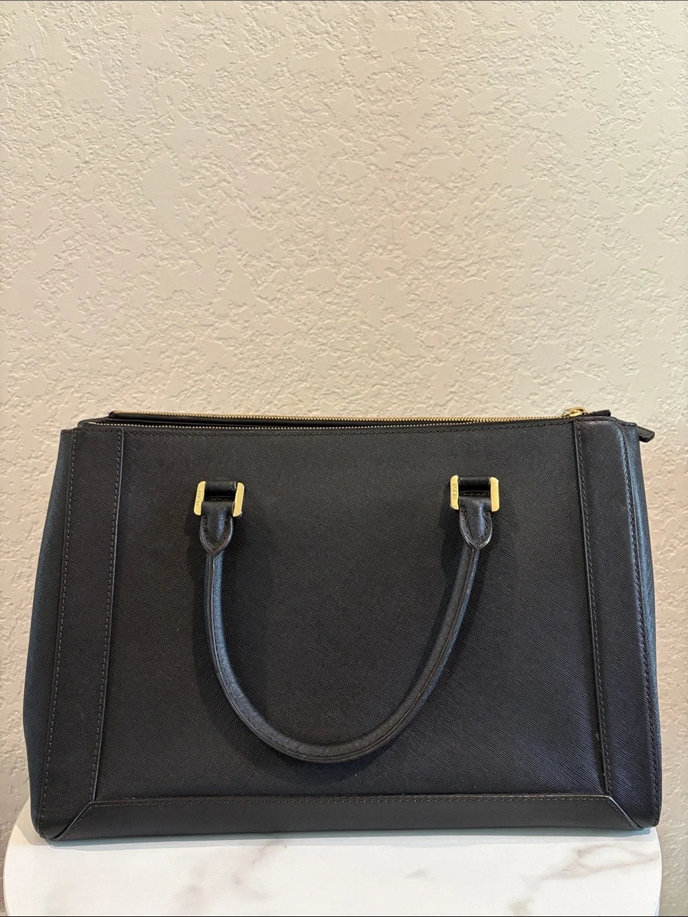 MCM Black Structured Satchel Bag with Gold Hardware